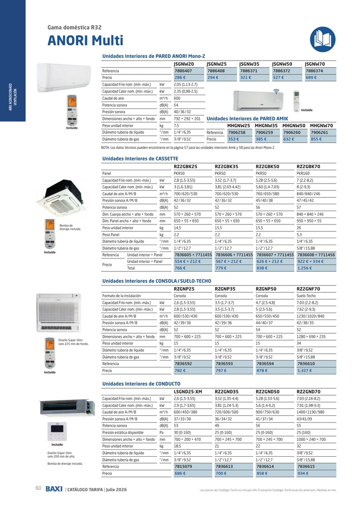 ANORI Multi — catálogo-tarifa BAXI julio 2026 (unidades interiores)
